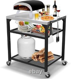 Versatile Outdoor Grill & Pizza Oven Prep Table Three-Tier Rolling Cart