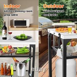 Versatile Outdoor Grill & Pizza Oven Prep Table Three-Tier Rolling Cart
