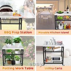 Versatile Outdoor Grill & Pizza Oven Prep Table Three-Tier Rolling Cart